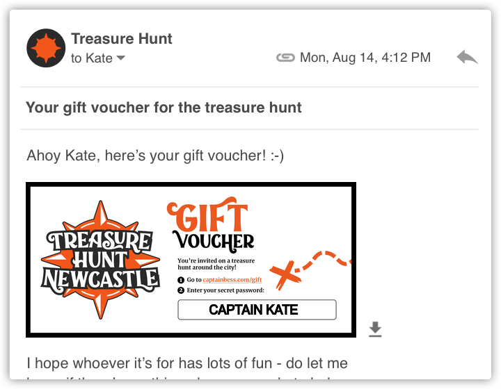 A screenshot of an email containing a digital gift voucher for Treasure Hunt Newcastle.