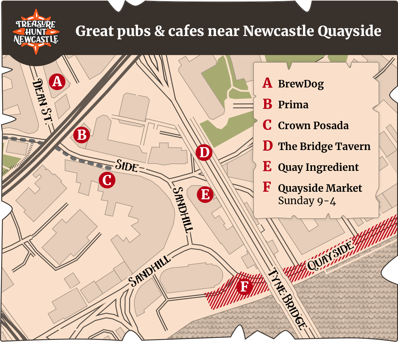 A map showing some great pubs and cafes new Newcastle Quayside