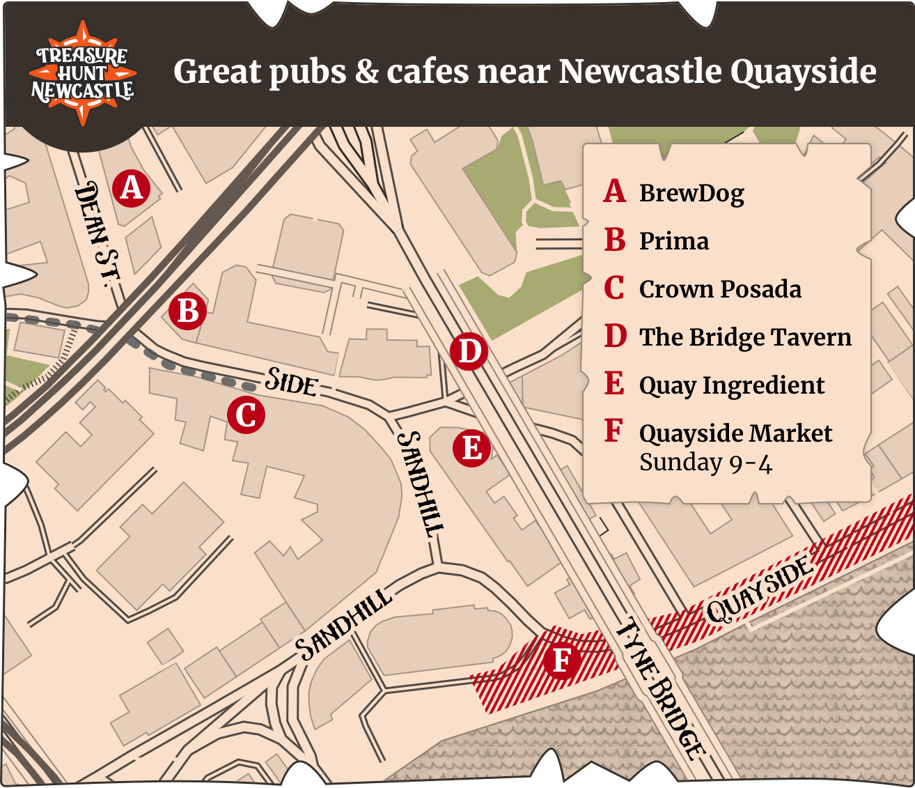 Great Pubs And Cafes Near Newcastle Quayside For A Drink   Map Of Great Pubs And Cafes Near Newcastle Quayside 