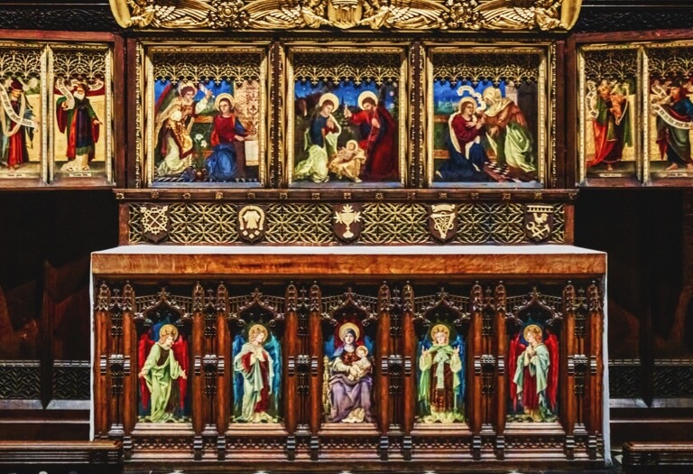 Intricate religious paintings on the altar inside St Nicholas Cathedral.